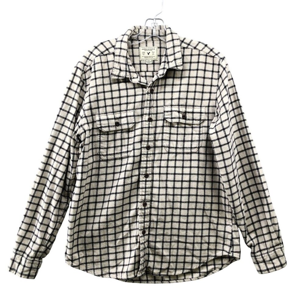 American Eagle Flannel Shirt Mens Large L Cream Black Grid Plaid Thick Shacket - Picture 1 of 10